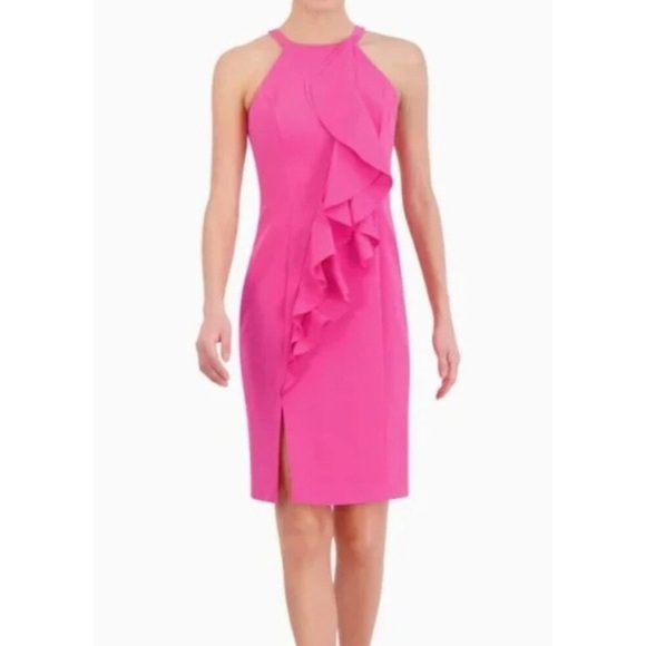 Vince Camuto New Feminine Crepe High Neck Ruffle Front Sheath Pink Dress - Picture 1 of 14